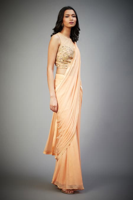 Buy_RI.Ritu Kumar_Peach Viscose, Polyester Pearls, Zari, Embroidery Pre-draped Saree With Blouse _Online_at_Aza_Fashions