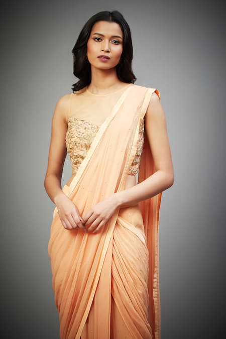 Shop_RI.Ritu Kumar_Peach Viscose, Polyester Pearls, Zari, Embroidery Pre-draped Saree With Blouse _Online_at_Aza_Fashions