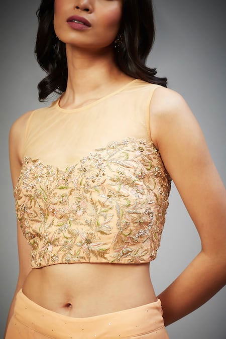 RI.Ritu Kumar_Peach Viscose, Polyester Pearls, Zari, Embroidery Pre-draped Saree With Blouse _at_Aza_Fashions
