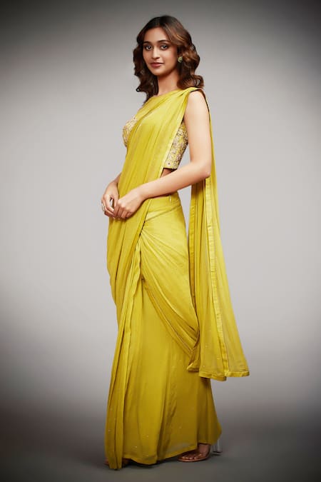RI.Ritu Kumar_Green Viscose, Polyester Zari, Pearls, Embroidery Dilara Pre-draped Saree Set _Online_at_Aza_Fashions
