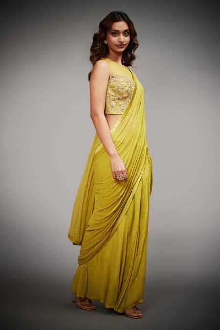 Buy_RI.Ritu Kumar_Green Viscose, Polyester Zari, Pearls, Embroidery Dilara Pre-draped Saree Set _Online_at_Aza_Fashions