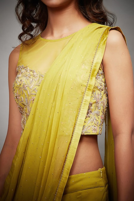 RI.Ritu Kumar_Green Viscose, Polyester Zari, Pearls, Embroidery Dilara Pre-draped Saree Set _at_Aza_Fashions