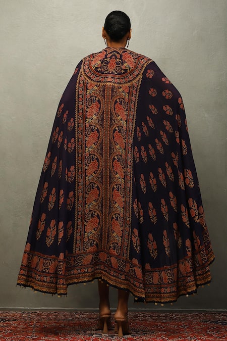 Shop RI.Ritu Kumar Multi Color Silk Embroidery Collared Floral Print Dress And Cape Set at Aza Fashions Shop_RI.Ritu Kumar_Multi Color Silk Embroidery Collared Floral Print Dress And Cape Set_at_Aza_Fashions