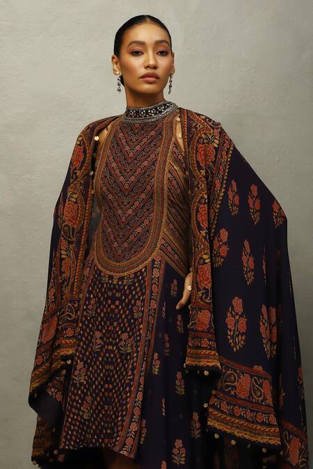 RI.Ritu Kumar Multi Color Silk Embroidery Collared Floral Print Dress And Cape Set Online at Aza Fashions RI.Ritu Kumar_Multi Color Silk Embroidery Collared Floral Print Dress And Cape Set_Online_at_Aza_Fashions