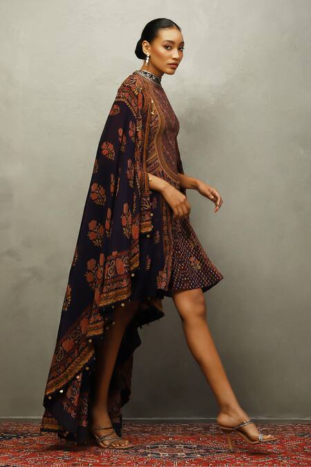 Shop RI.Ritu Kumar Multi Color Silk Embroidery Collared Floral Print Dress And Cape Set Online at Aza Fashions Shop_RI.Ritu Kumar_Multi Color Silk Embroidery Collared Floral Print Dress And Cape Set_Online_at_Aza_Fashions