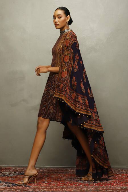 RI.Ritu Kumar Multi Color Silk Embroidery Collared Floral Print Dress And Cape Set at Aza Fashions RI.Ritu Kumar_Multi Color Silk Embroidery Collared Floral Print Dress And Cape Set_at_Aza_Fashions