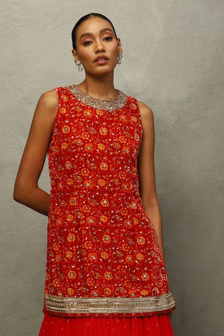 Shop RI.Ritu Kumar Red Silk, Viscose, Nylon Sequins, Zari Crew Floral Zardozi Kurta Lehenga Set Online at Aza Fashions Shop_RI.Ritu Kumar_Red Silk, Viscose, Nylon Sequins, Zari Crew Floral Zardozi Kurta Lehenga Set _Online_at_Aza_Fashions