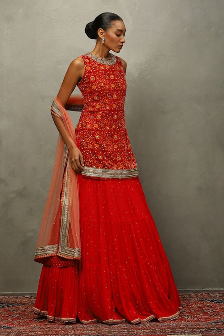 RI.Ritu Kumar Red Silk, Viscose, Nylon Sequins, Zari Crew Floral Zardozi Kurta Lehenga Set at Aza Fashions RI.Ritu Kumar_Red Silk, Viscose, Nylon Sequins, Zari Crew Floral Zardozi Kurta Lehenga Set _at_Aza_Fashions