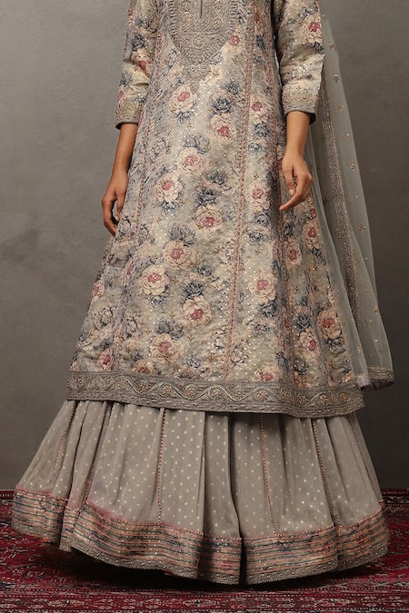 RI.Ritu Kumar Gray Polyester, Silk Sequins, Zari, Embroidery Round Floral Kurta Lehenga Set Online at Aza Fashions RI.Ritu Kumar_Gray Polyester, Silk Sequins, Zari, Embroidery Round Floral Kurta Lehenga Set _Online_at_Aza_Fashions