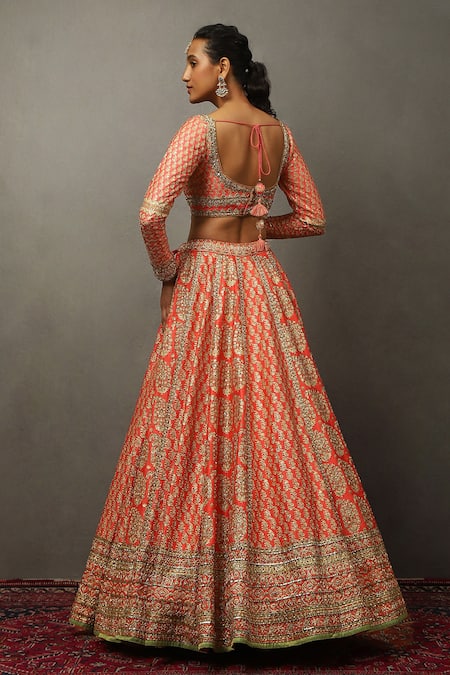 RI.Ritu Kumar Floral Embroidered Coral Bridal Lehenga Set 