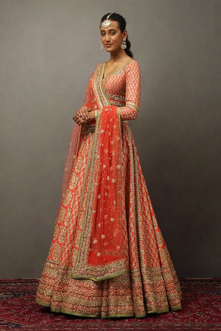 RI.Ritu Kumar_Coral Silk, Polyester, Viscose Sequins, Zari, Embroidery Bridal Lehenga Set _Online_at_Aza_Fashions