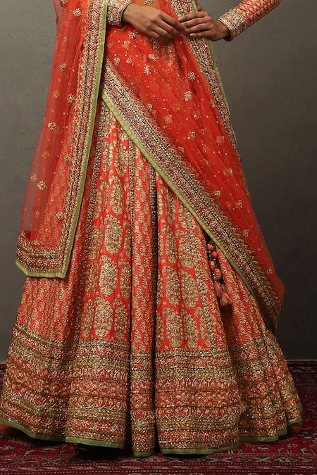 Buy_RI.Ritu Kumar_Coral Silk, Polyester, Viscose Sequins, Zari, Embroidery Bridal Lehenga Set _Online_at_Aza_Fashions