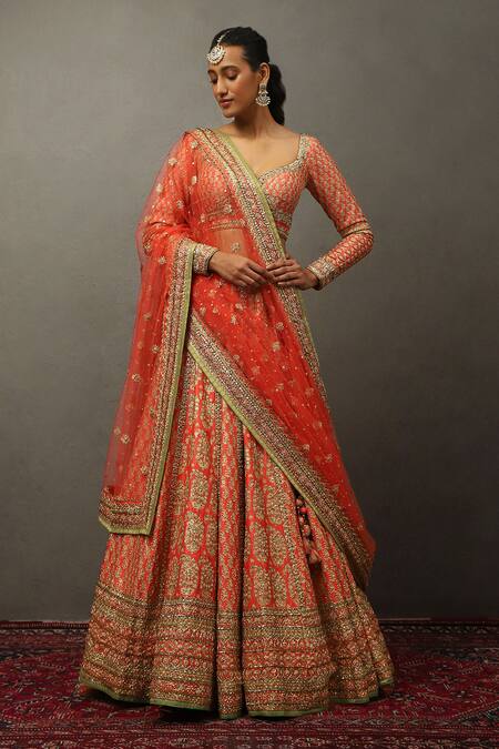 Shop_RI.Ritu Kumar_Coral Silk, Polyester, Viscose Sequins, Zari, Embroidery Bridal Lehenga Set _Online_at_Aza_Fashions