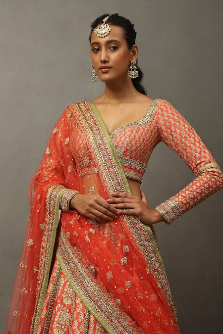Buy_RI.Ritu Kumar_Coral Silk, Polyester, Viscose Sequins, Zari, Embroidery Bridal Lehenga Set 