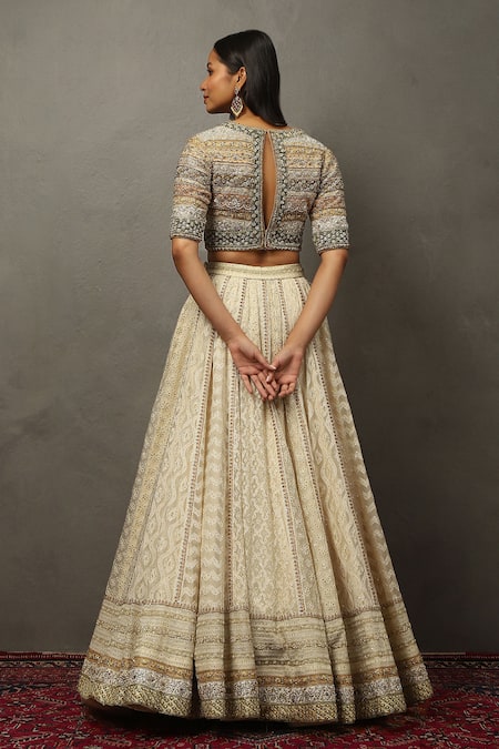 RI.Ritu Kumar Ivory Geometric Embroidered Lehenga Set 