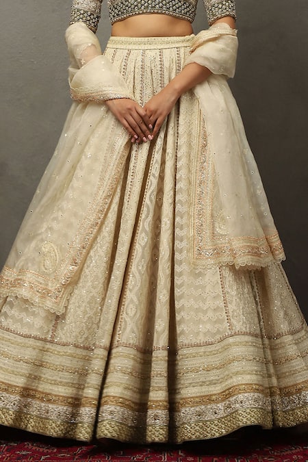 RI.Ritu Kumar_Ivory Silk, Polyester Sequins, Pearls, Zari, Embroidery Geometric Lehenga Set _Online_at_Aza_Fashions