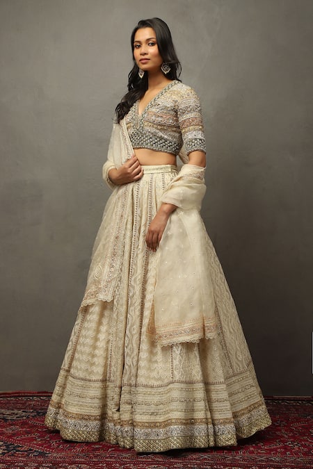 Buy_RI.Ritu Kumar_Ivory Silk, Polyester Sequins, Pearls, Zari, Embroidery Geometric Lehenga Set _Online_at_Aza_Fashions