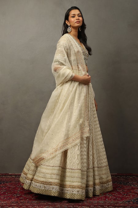 Shop_RI.Ritu Kumar_Ivory Silk, Polyester Sequins, Pearls, Zari, Embroidery Geometric Lehenga Set _Online_at_Aza_Fashions
