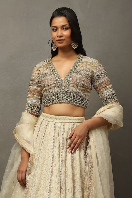 RI.Ritu Kumar_Ivory Silk, Polyester Sequins, Pearls, Zari, Embroidery Geometric Lehenga Set _at_Aza_Fashions