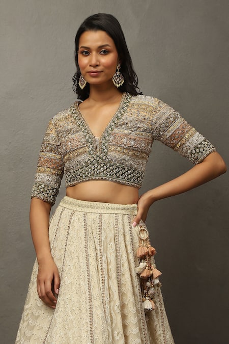 Buy_RI.Ritu Kumar_Ivory Silk, Polyester Sequins, Pearls, Zari, Embroidery Geometric Lehenga Set 