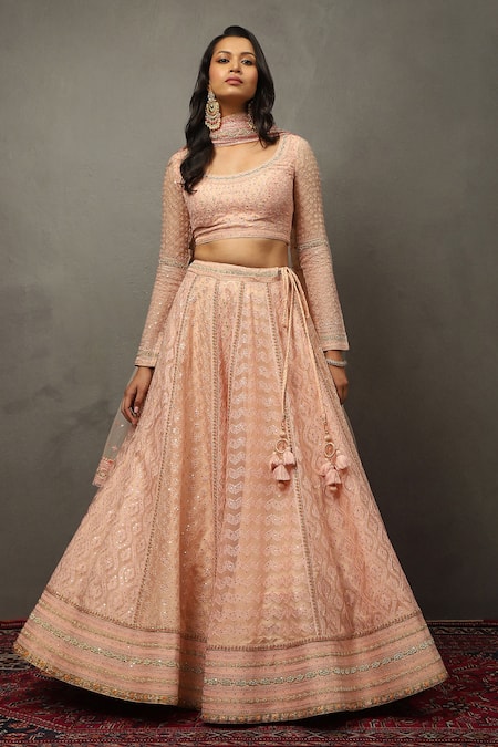 RI.Ritu Kumar Pink Silk, Polyester Sequins, Embroidery Scoop Geometric Thread Lehenga Set 