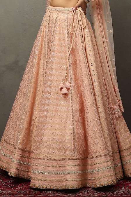 RI.Ritu Kumar_Pink Silk, Polyester Sequins, Embroidery Scoop Geometric Thread Lehenga Set _Online_at_Aza_Fashions