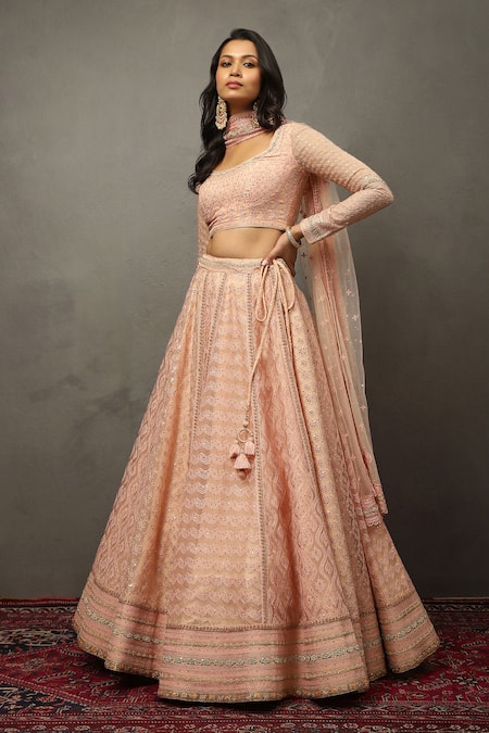 Buy_RI.Ritu Kumar_Pink Silk, Polyester Sequins, Embroidery Scoop Geometric Thread Lehenga Set _Online_at_Aza_Fashions