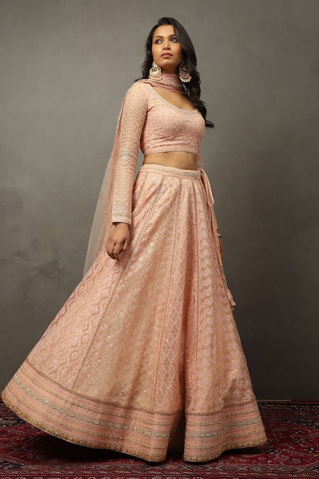 Shop_RI.Ritu Kumar_Pink Silk, Polyester Sequins, Embroidery Scoop Geometric Thread Lehenga Set _Online_at_Aza_Fashions