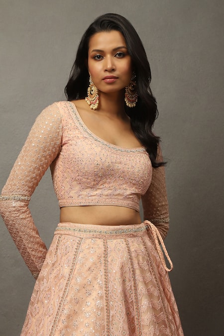 RI.Ritu Kumar_Pink Silk, Polyester Sequins, Embroidery Scoop Geometric Thread Lehenga Set _at_Aza_Fashions