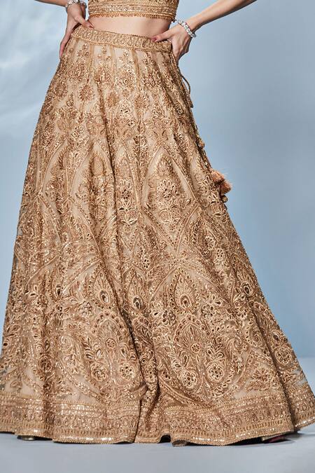 RI.Ritu Kumar_Gold Silk, Viscose Beads, Stones, Zari, Sequins Floral Cutwork Lehenga Set _Online_at_Aza_Fashions