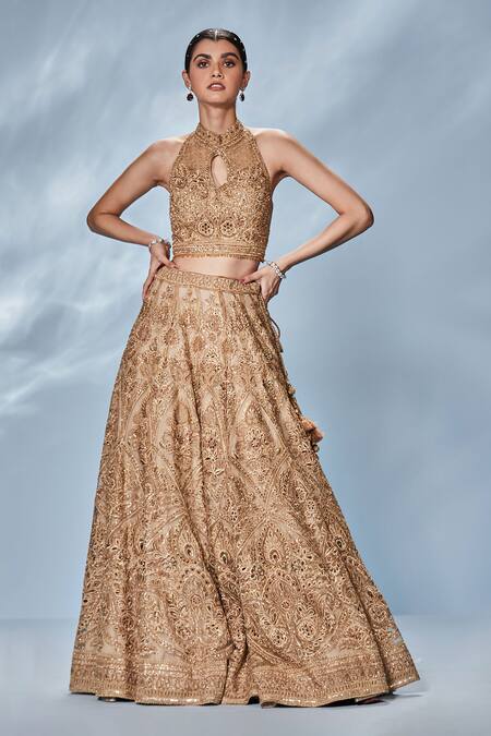 Buy_RI.Ritu Kumar_Gold Silk, Viscose Beads, Stones, Zari, Sequins Floral Cutwork Lehenga Set _Online_at_Aza_Fashions