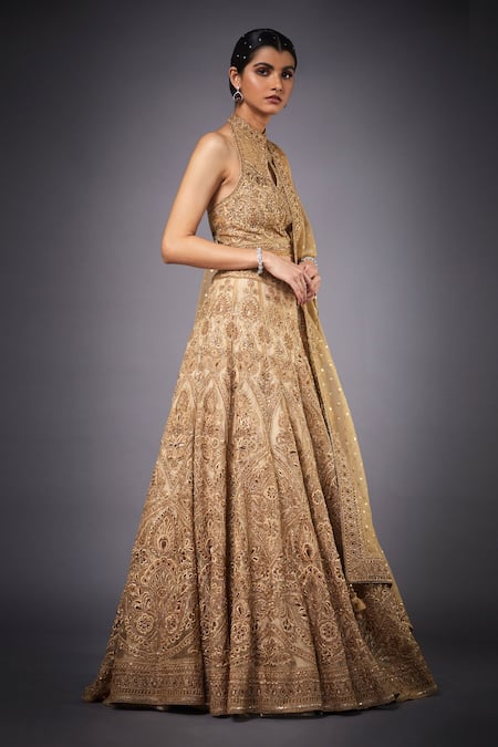 Shop_RI.Ritu Kumar_Gold Silk, Viscose Beads, Stones, Zari, Sequins Floral Cutwork Lehenga Set _Online_at_Aza_Fashions