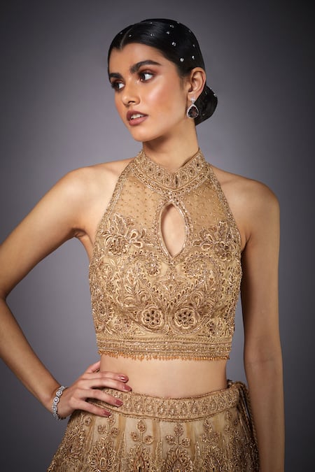 RI.Ritu Kumar_Gold Silk, Viscose Beads, Stones, Zari, Sequins Floral Cutwork Lehenga Set _at_Aza_Fashions