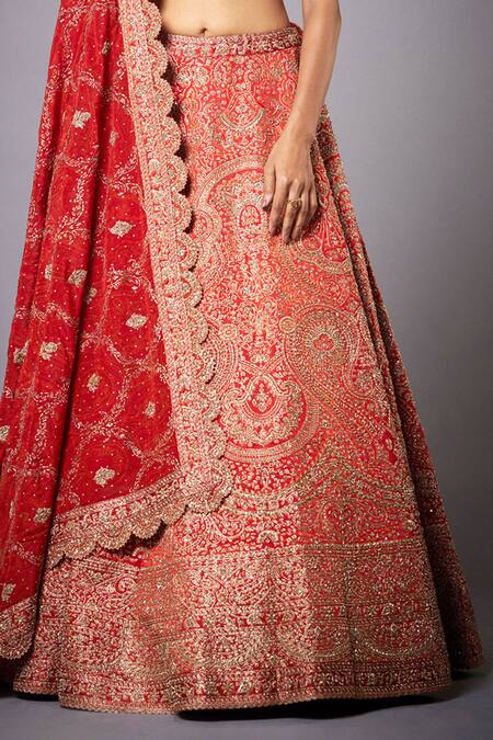 RI.Ritu Kumar_Red Silk, Polyester, Viscose Zari, Embroidery Jamawar Zardozi Bridal Lehenga Set _Online_at_Aza_Fashions