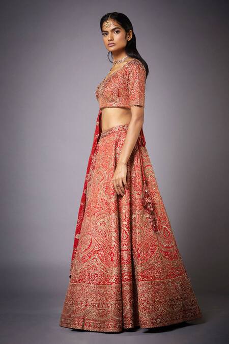 Buy_RI.Ritu Kumar_Red Silk, Polyester, Viscose Zari, Embroidery Jamawar Zardozi Bridal Lehenga Set _Online_at_Aza_Fashions