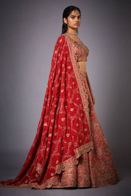 Shop_RI.Ritu Kumar_Red Silk, Polyester, Viscose Zari, Embroidery Jamawar Zardozi Bridal Lehenga Set _Online_at_Aza_Fashions