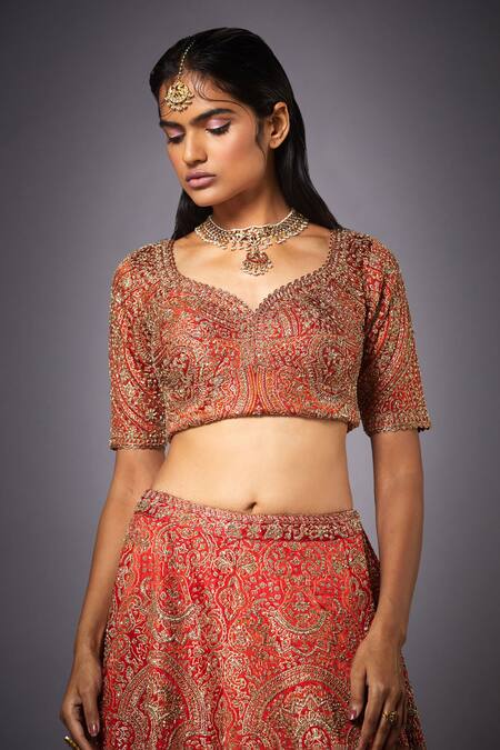 RI.Ritu Kumar_Red Silk, Polyester, Viscose Zari, Embroidery Jamawar Zardozi Bridal Lehenga Set _at_Aza_Fashions