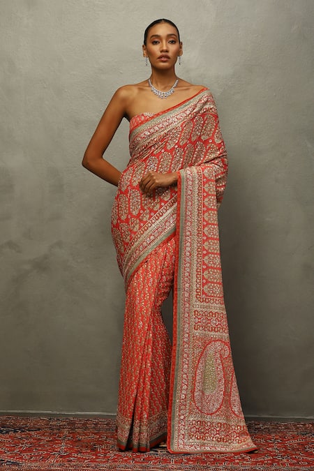 RI.Ritu Kumar Multi Color Silk, Viscose Embroidery Round Neck Floral Paisley Print Saree 