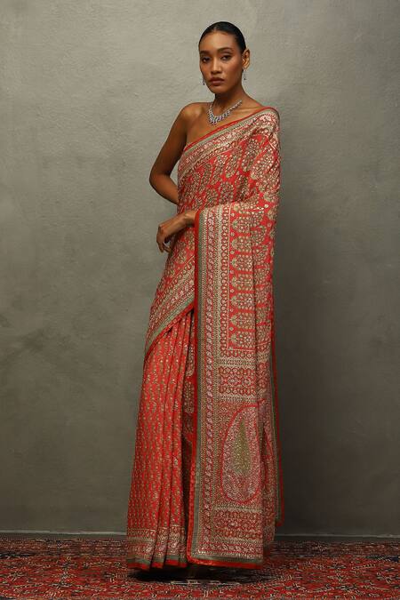 RI.Ritu Kumar_Multi Color Silk, Viscose Embroidery Round Neck Floral Paisley Print Saree _Online_at_Aza_Fashions