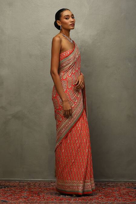 Buy_RI.Ritu Kumar_Multi Color Silk, Viscose Embroidery Round Neck Floral Paisley Print Saree _Online_at_Aza_Fashions