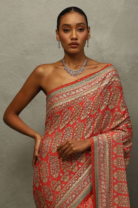 Shop_RI.Ritu Kumar_Multi Color Silk, Viscose Embroidery Round Neck Floral Paisley Print Saree _Online_at_Aza_Fashions