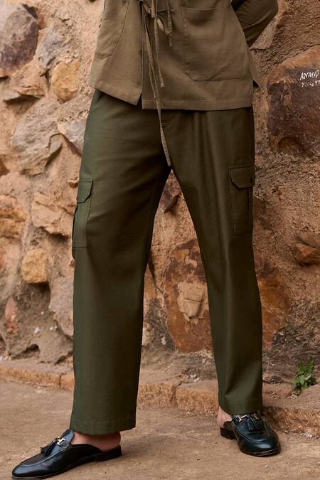 Dash And Dot_Green Cotton, Viscose, Spandex Solid Cargo Pant _Online_at_Aza_Fashions