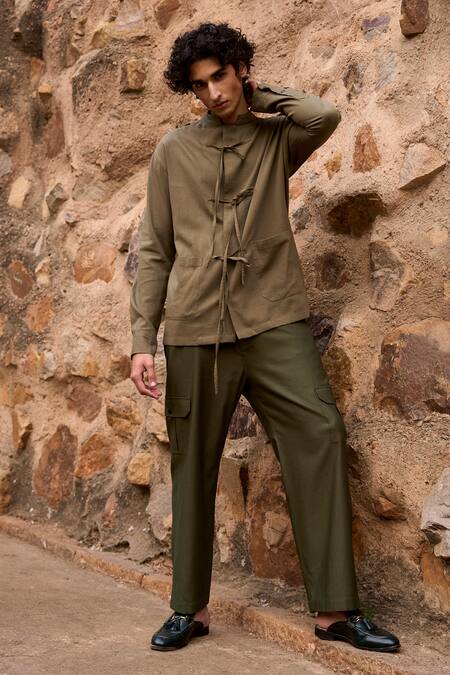Buy_Dash And Dot_Green Cotton, Viscose, Spandex Solid Cargo Pant _Online_at_Aza_Fashions