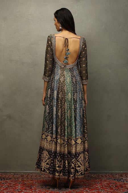 Shop_RI.Ritu Kumar_Green Viscose, Lycra Embroidery, Sequins, Zari V-neck Floral Woven Anarkali Set _at_Aza_Fashions