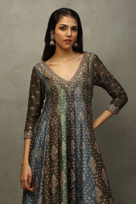 Shop_RI.Ritu Kumar_Green Viscose, Lycra Embroidery, Sequins, Zari V-neck Floral Woven Anarkali Set _Online_at_Aza_Fashions