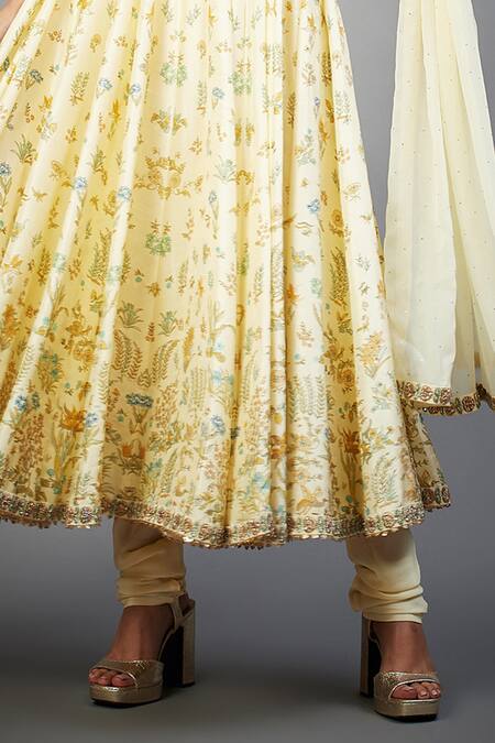 RI.Ritu Kumar Yellow Silk, Viscose Embroidery Halter Neck Floral Print Aari Tiki Anarkali Set Online at Aza Fashions RI.Ritu Kumar_Yellow Silk, Viscose Embroidery Halter Neck Floral Print Aari Tiki Anarkali Set_Online_at_Aza_Fashions