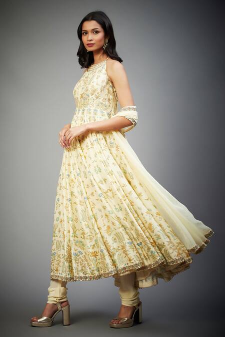 Buy RI.Ritu Kumar Yellow Silk, Viscose Embroidery Halter Neck Floral Print Aari Tiki Anarkali Set Online at Aza Fashions Buy_RI.Ritu Kumar_Yellow Silk, Viscose Embroidery Halter Neck Floral Print Aari Tiki Anarkali Set_Online_at_Aza_Fashions