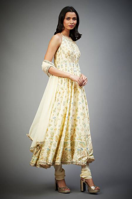Shop RI.Ritu Kumar Yellow Silk, Viscose Embroidery Halter Neck Floral Print Aari Tiki Anarkali Set Online at Aza Fashions Shop_RI.Ritu Kumar_Yellow Silk, Viscose Embroidery Halter Neck Floral Print Aari Tiki Anarkali Set_Online_at_Aza_Fashions
