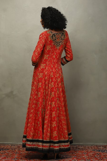 Shop_RI.Ritu Kumar_Red Cotton, Viscose Sequins, Embroidery V-neck Floral Anarkali Set _at_Aza_Fashions