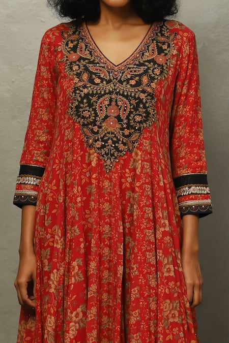 Shop_RI.Ritu Kumar_Red Cotton, Viscose Sequins, Embroidery V-neck Floral Anarkali Set _Online_at_Aza_Fashions